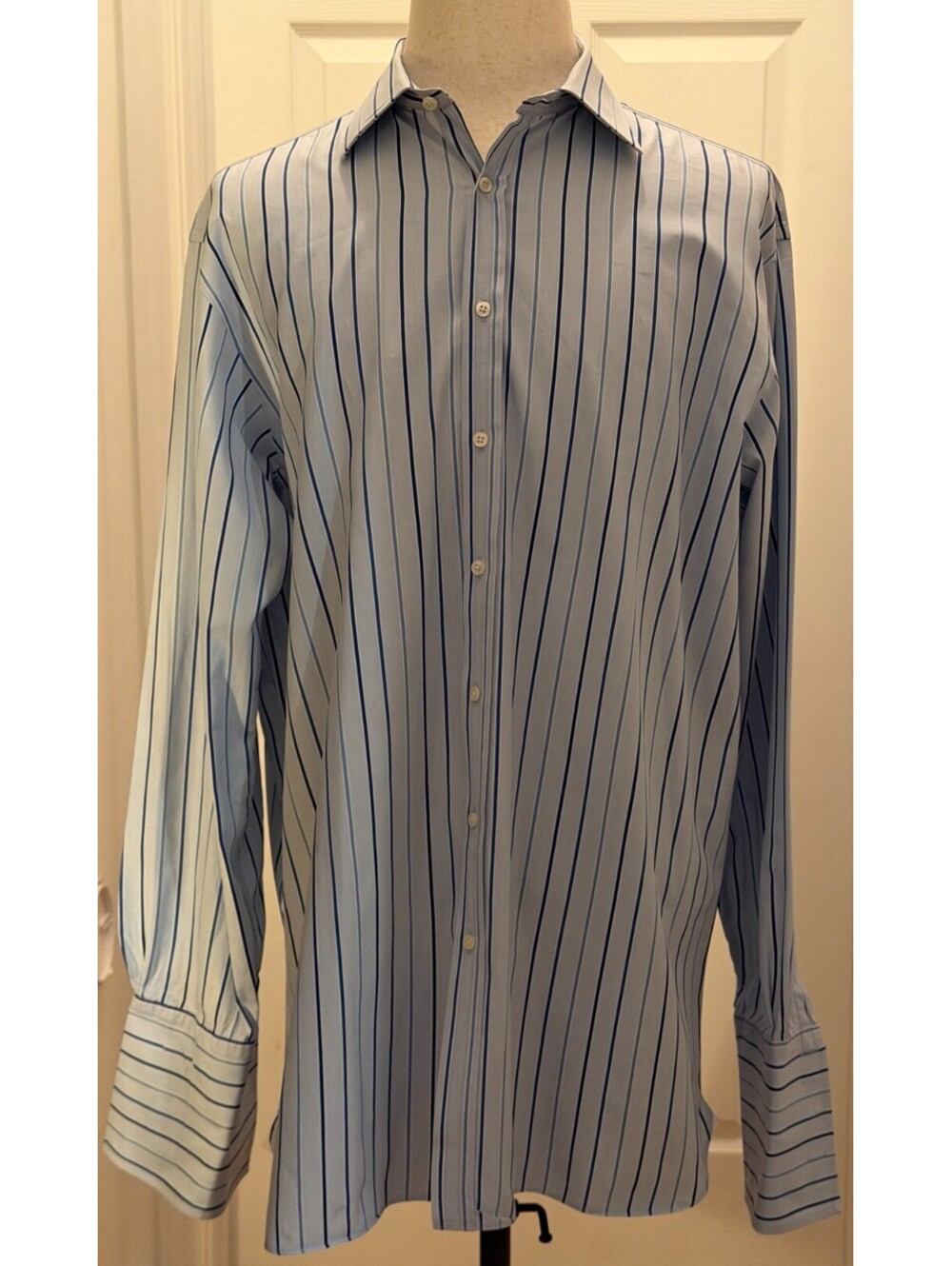 Thomas Pink Shirt Men 17.5 37 Blue Striped Dress Button Up Long Sleeve Made UK